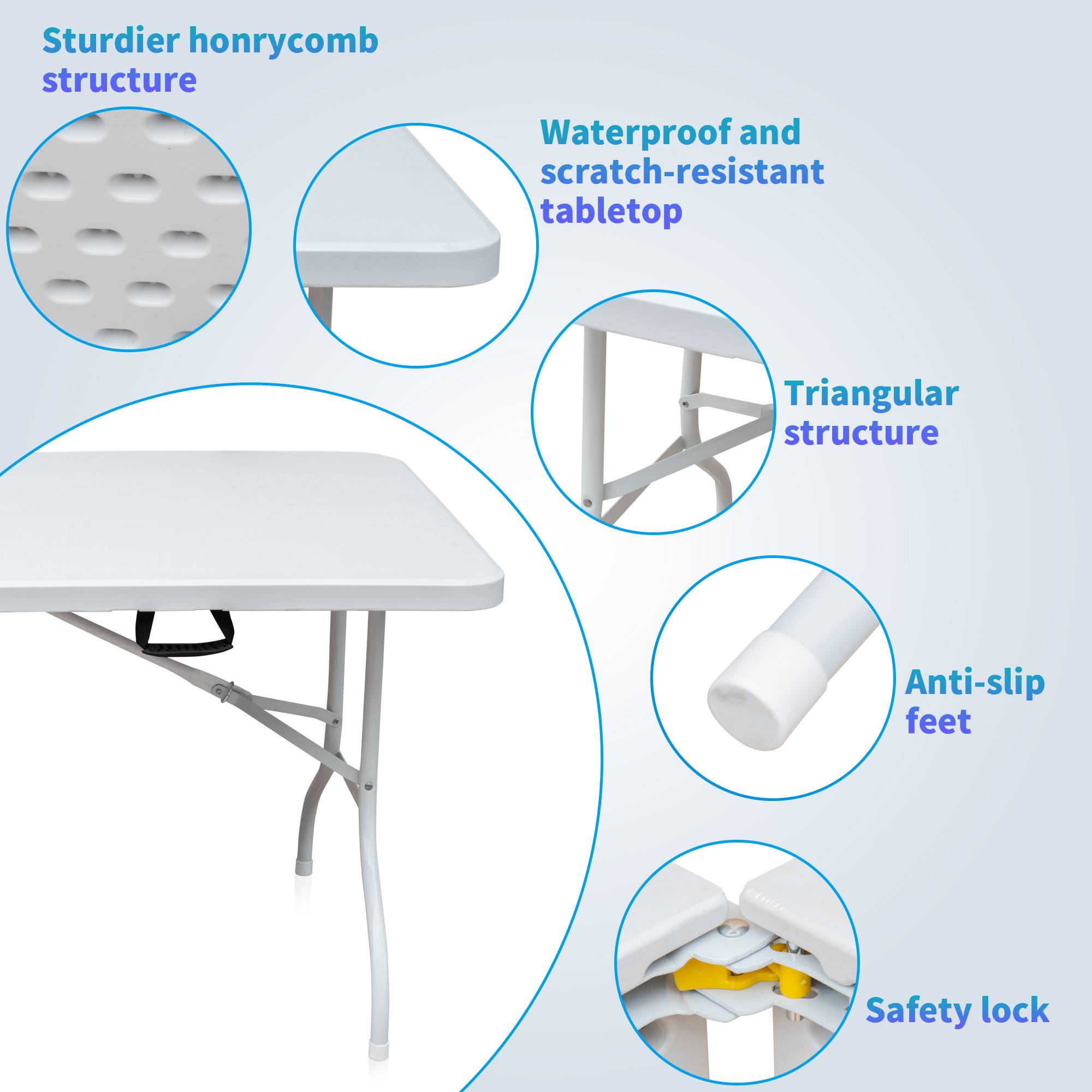 Table pliante de loisirs 180,34 cm, extérieur/maison/bureau, anti-rouille et facile à nettoyer (blanche) - Image 4