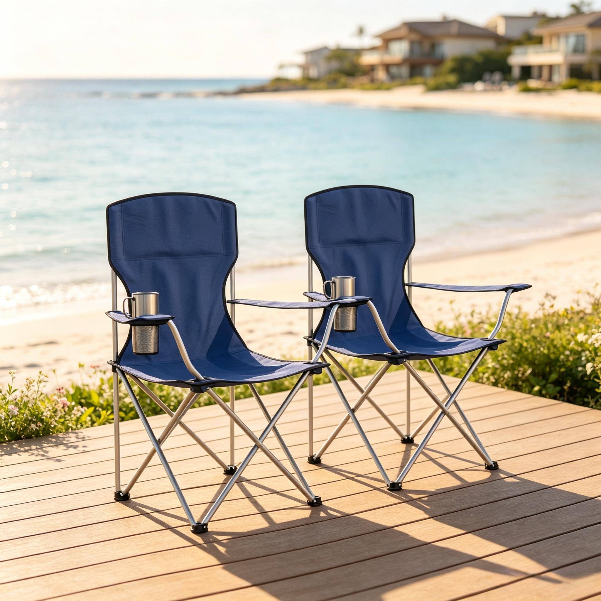 ComfortXL - Lot de 2 chaises camping pliantes métal bleu marine gris argent porte-gobelet haut dossier - ComfortXL Outdoor Living