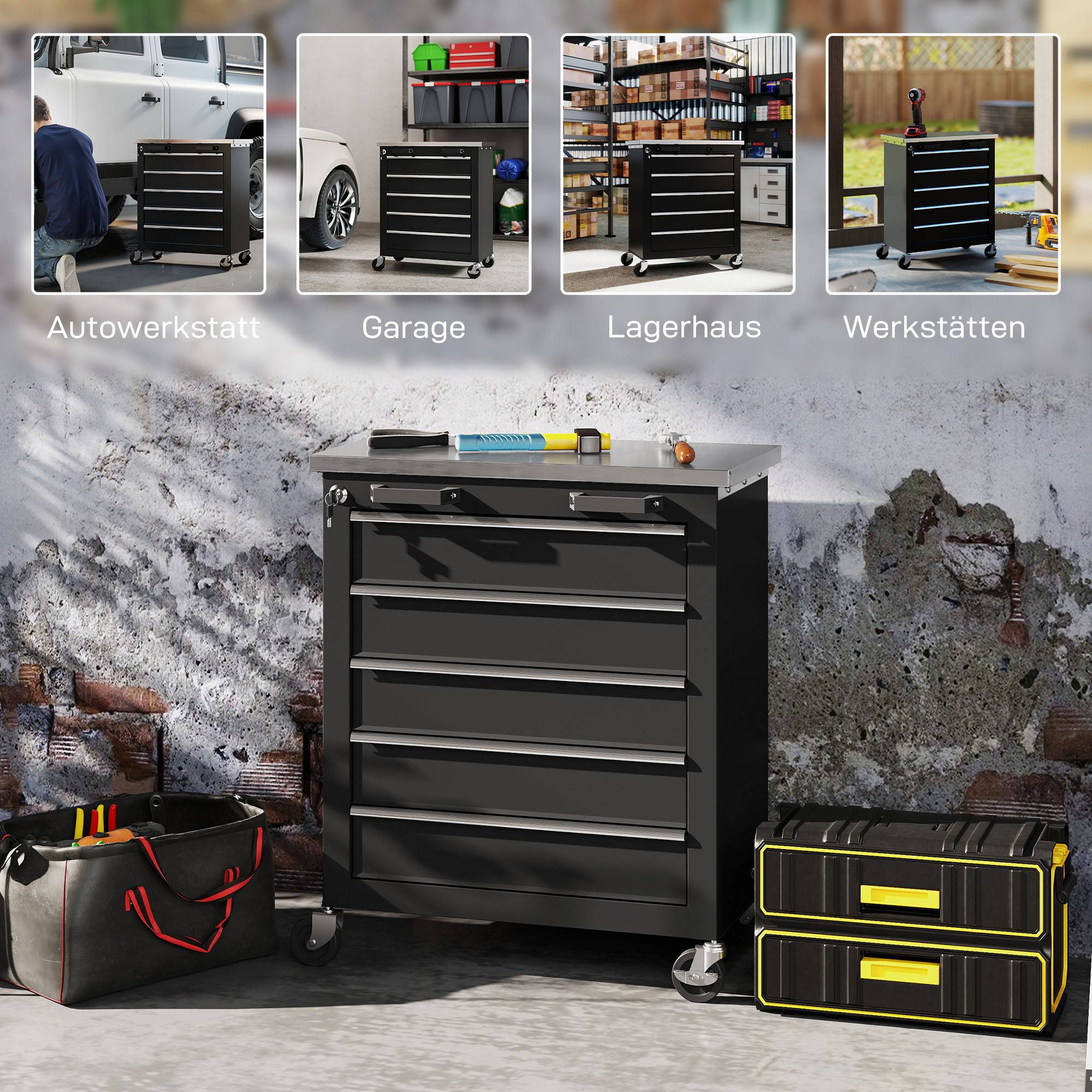 Sans Marque - Armoire à outils 5 tiroirs, caisse roulante, chariot acier, argent+noir - Image 10