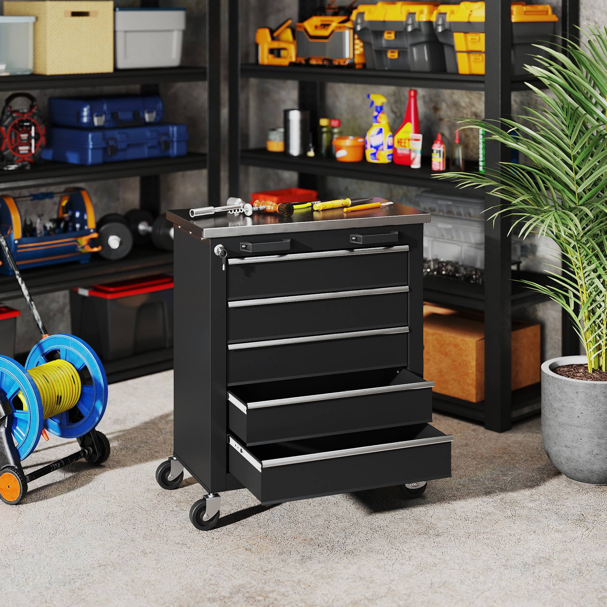 Sans Marque - Armoire à outils 5 tiroirs, caisse roulante, chariot acier, argent+noir - Image 4