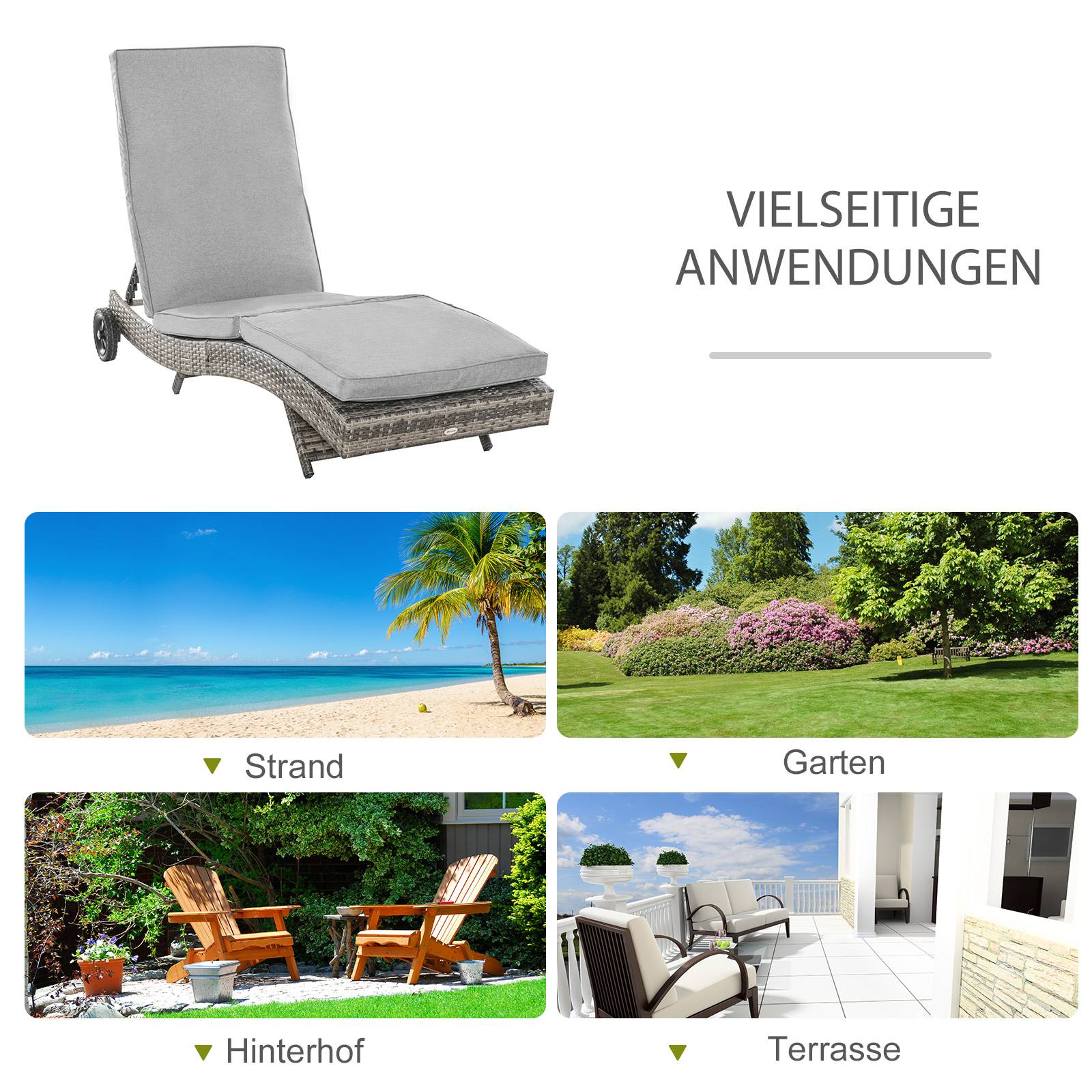 ComfortXL - Bain de soleil en résine tressée et métal gris 207 x 70 x 70 cm jardin terrasse dossier 5 positions et roues - Image 7