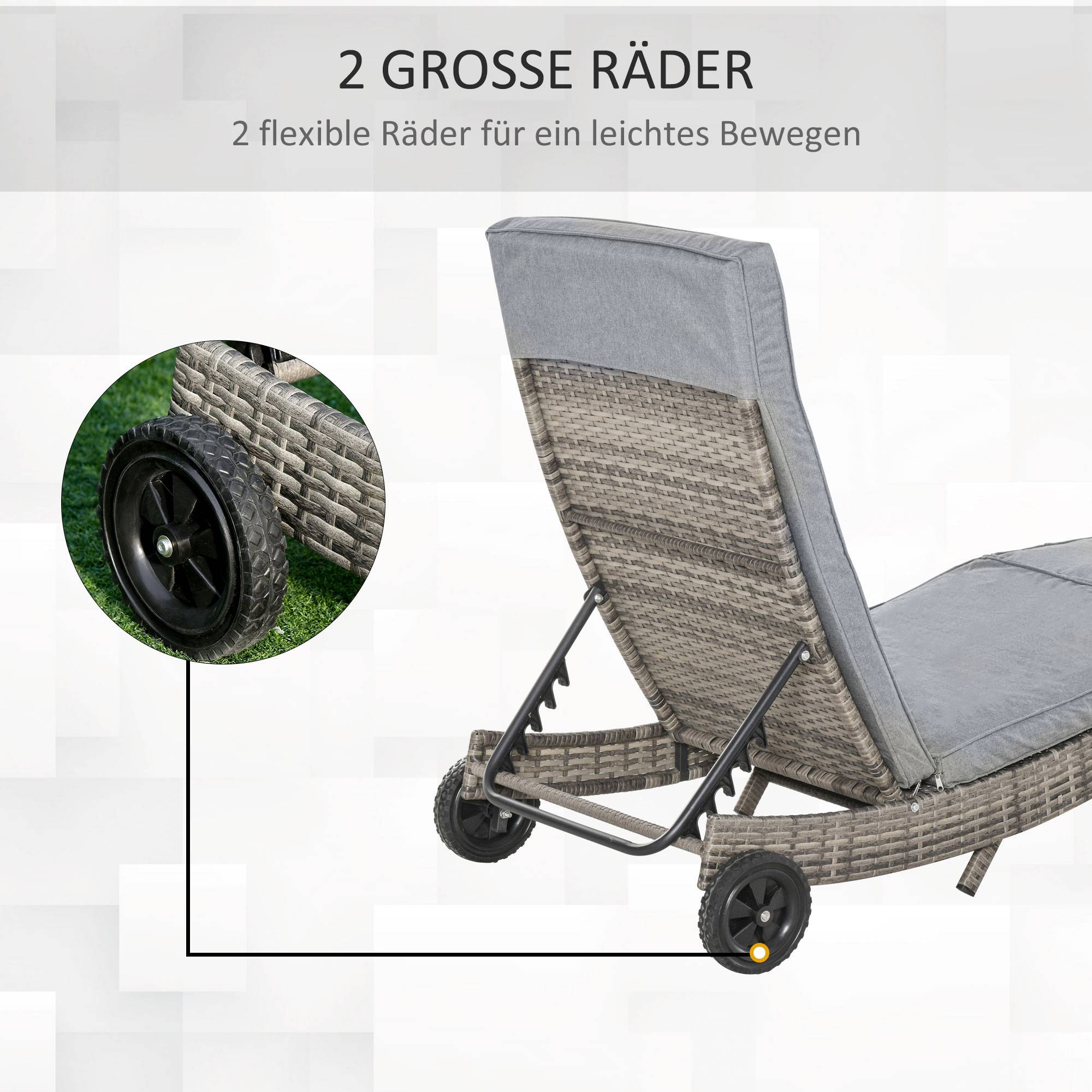 ComfortXL - Bain de soleil en résine tressée et métal gris 207 x 70 x 70 cm jardin terrasse dossier 5 positions et roues - Image 4