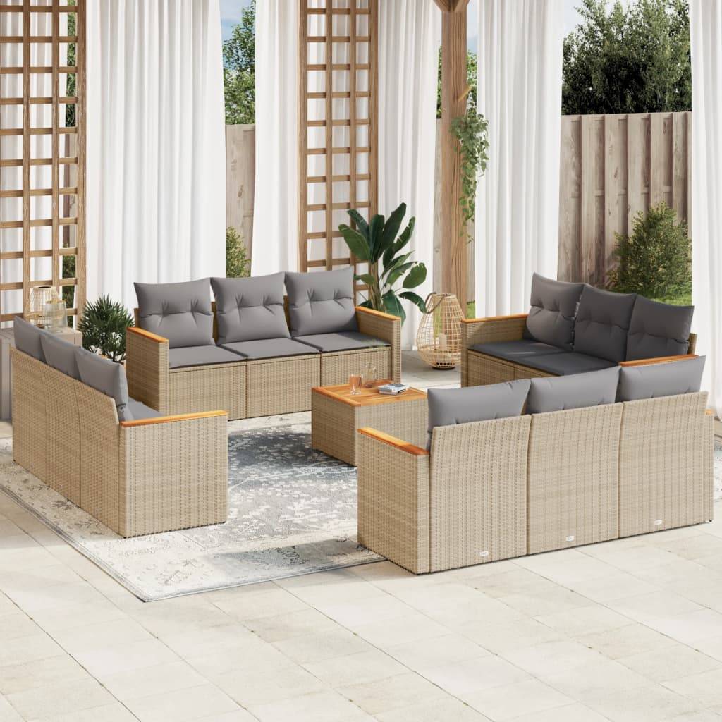Salon de jardin beige 13 pièces en résine tressée avec rangement fonctionnel – ComfortXL Outdoor Living