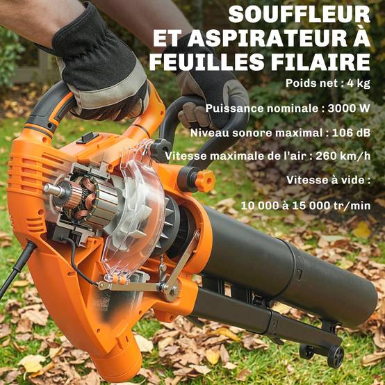 Aspirateur-souffleur de feuilles filaire 3000w 3-en-1 avec fonction broyage, sac de collecte 40l, 4 roues - Image 7