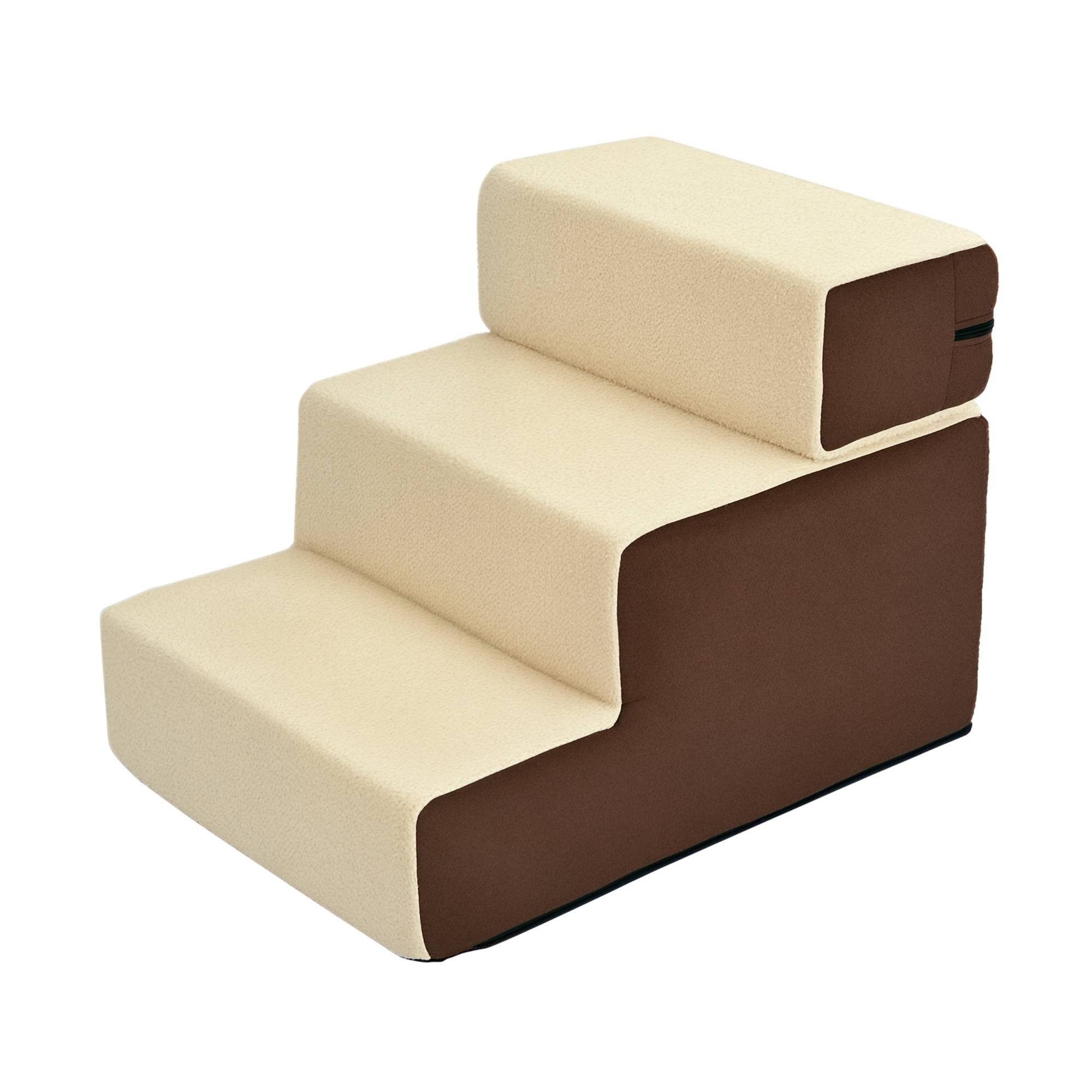 Escalier pour animaux chien chat 3 marches, chats/chiens, peluche beige, 54x40x39cm - Image 1