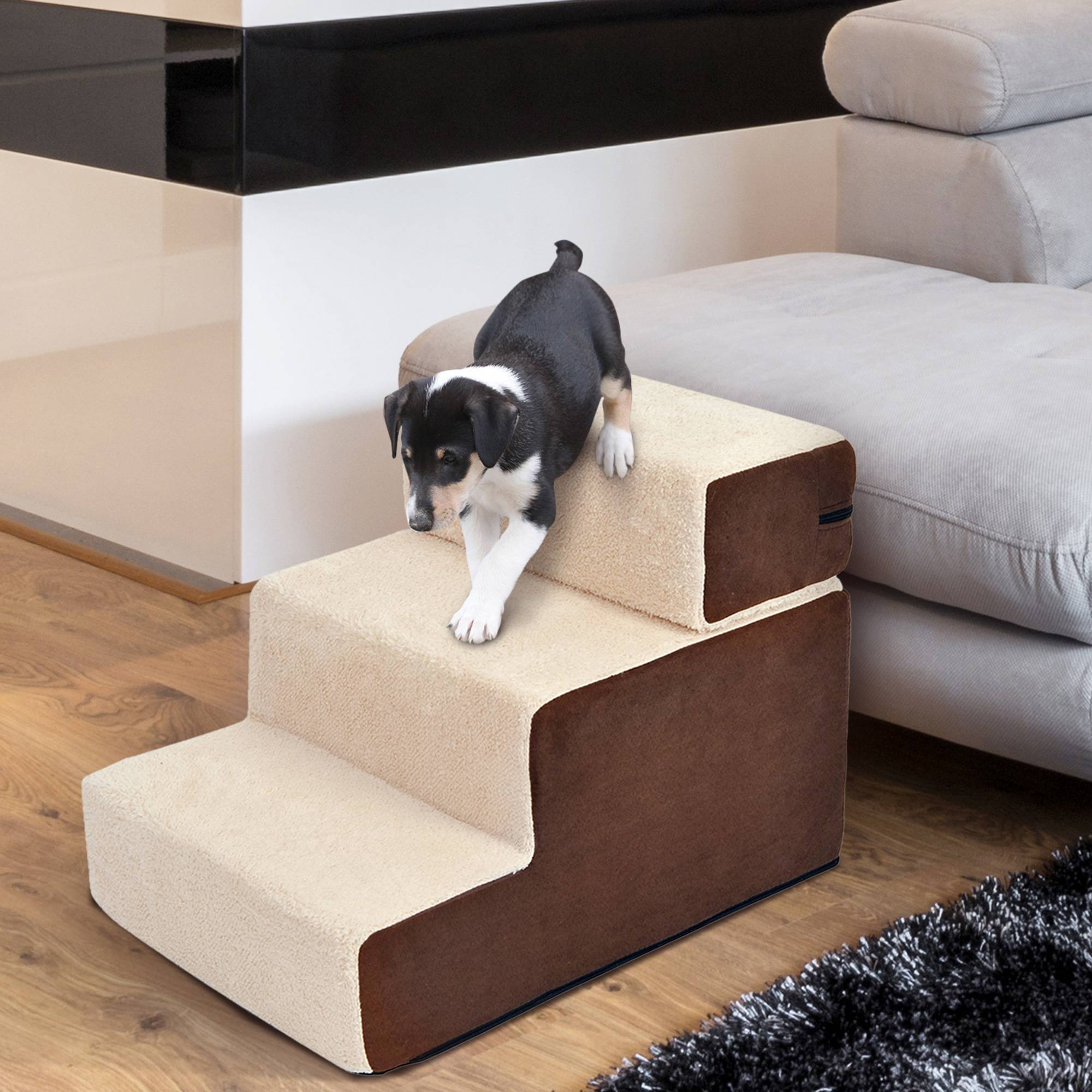 Escalier pour animaux chien chat 3 marches, chats/chiens, peluche beige, 54x40x39cm - Image 4