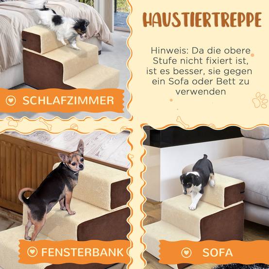 Escalier pour animaux chien chat 3 marches, chats/chiens, peluche beige, 54x40x39cm - Image 6