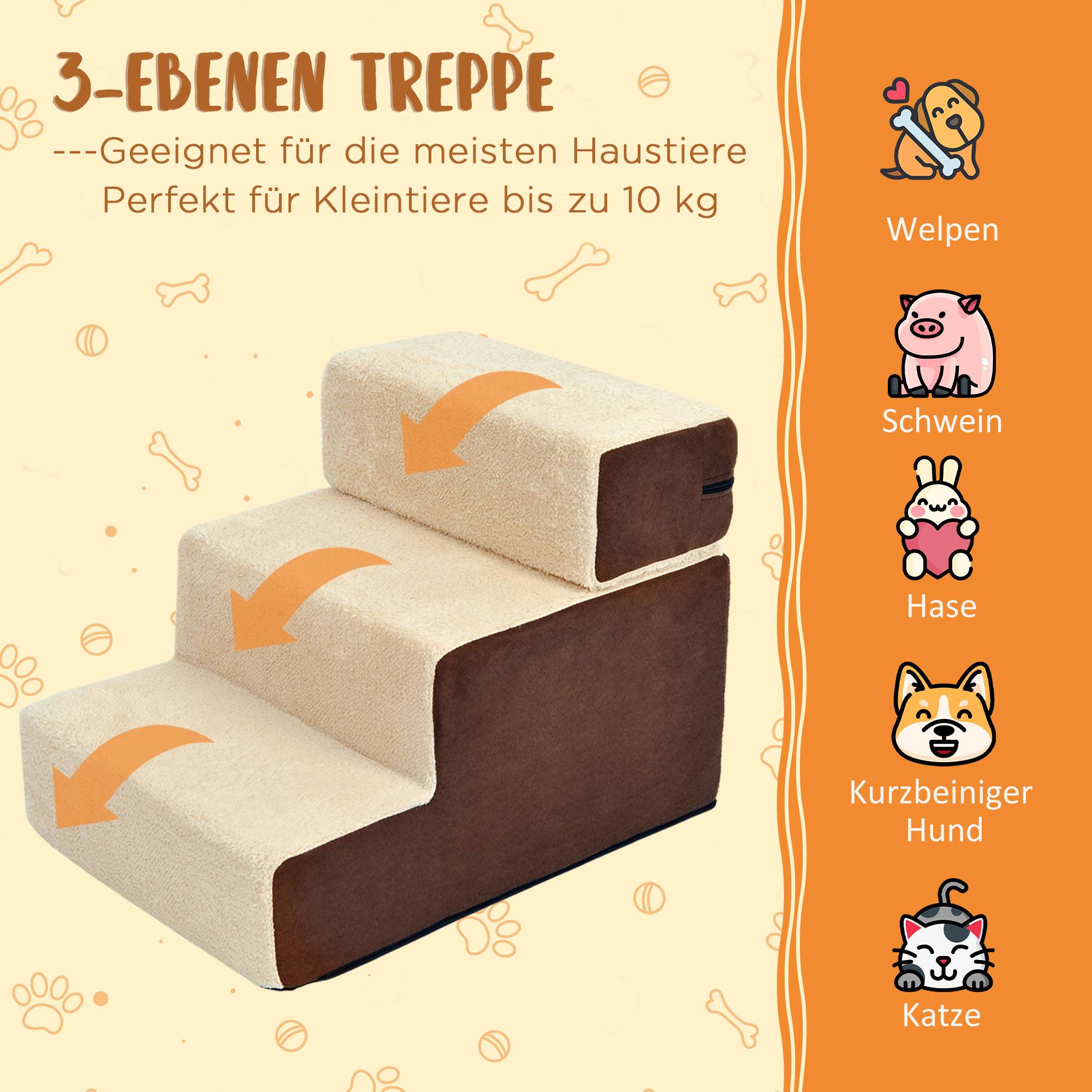 Escalier pour animaux chien chat 3 marches, chats/chiens, peluche beige, 54x40x39cm - Image 9