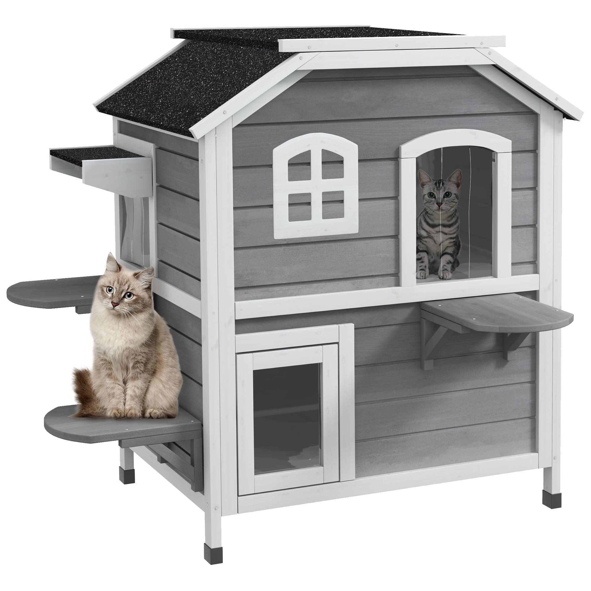 ComfortXL - Maison pour chat extérieur en bois de sapin gris 99,5 x 76 x 91 cm avec 2 étages et toit ouvrant bitumé - Image 2