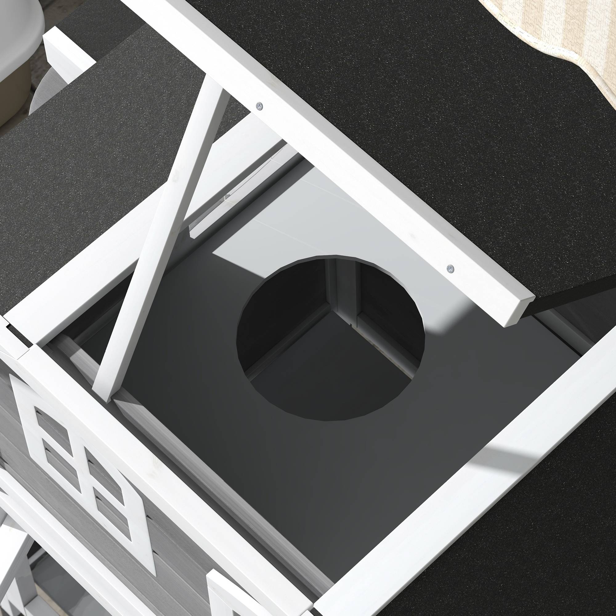 ComfortXL - Maison pour chat extérieur en bois de sapin gris 99,5 x 76 x 91 cm avec 2 étages et toit ouvrant bitumé - Image 10