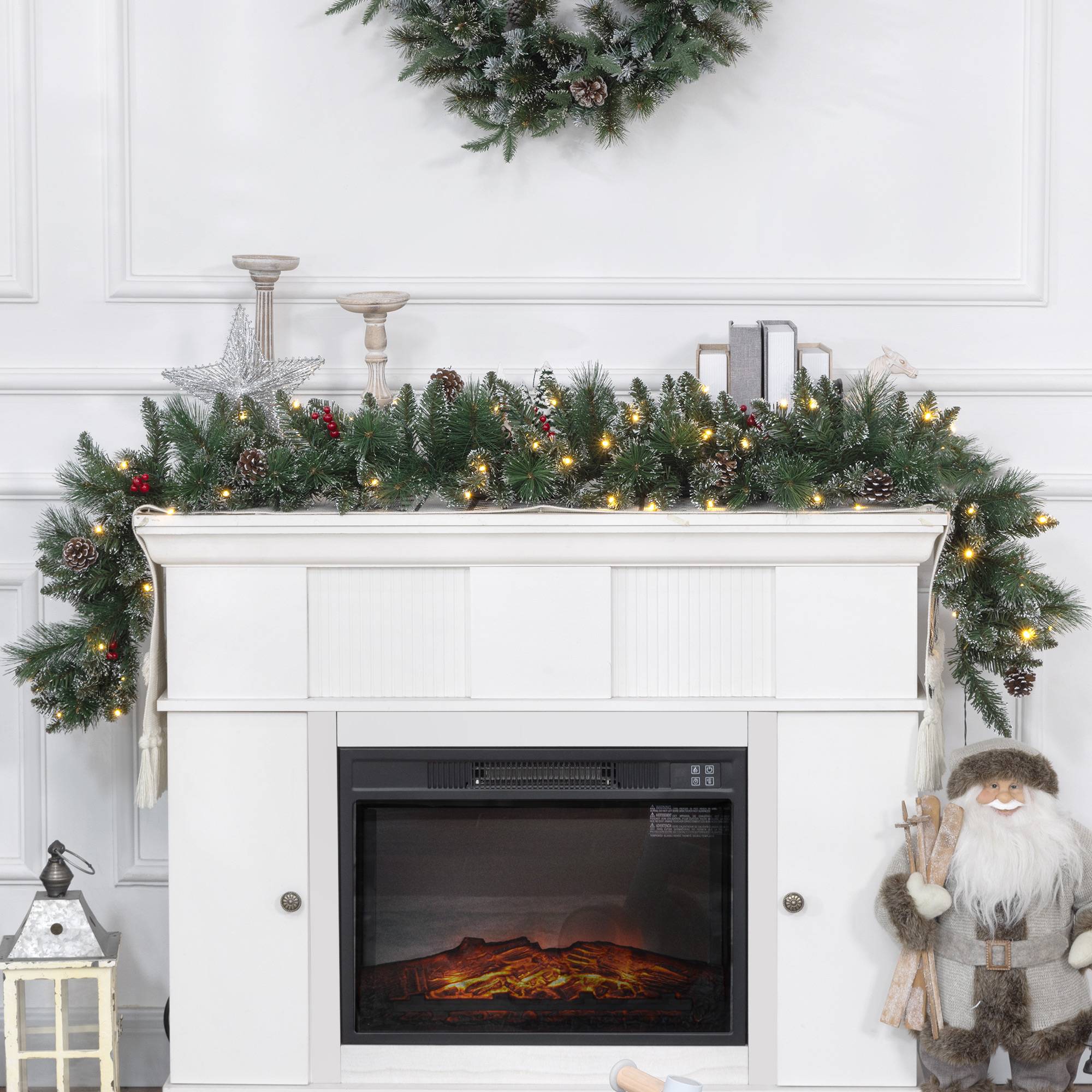 ComfortXL - Guirlande de Noël lumineuse en plastique vert 180 cm pour cheminée et rampe 50 LED blanc chaud et minuterie 6 h - Image 1