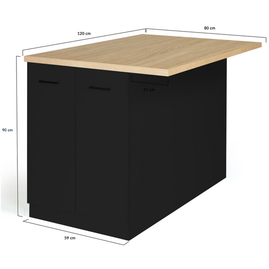 Ilot central IVO 120 cm bois noir avec plan de travail façon hêtre - Image 7