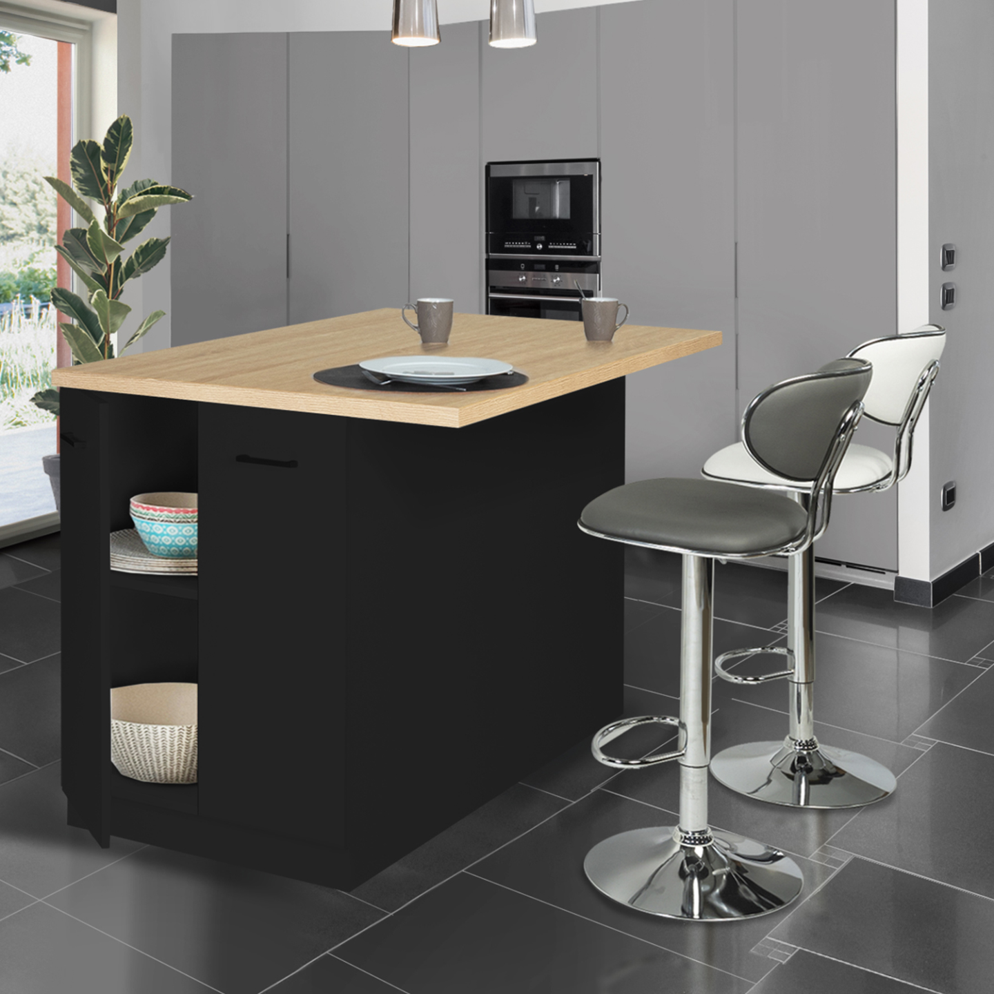 Ilot central IVO 120 cm bois noir avec plan de travail façon hêtre - Image 3