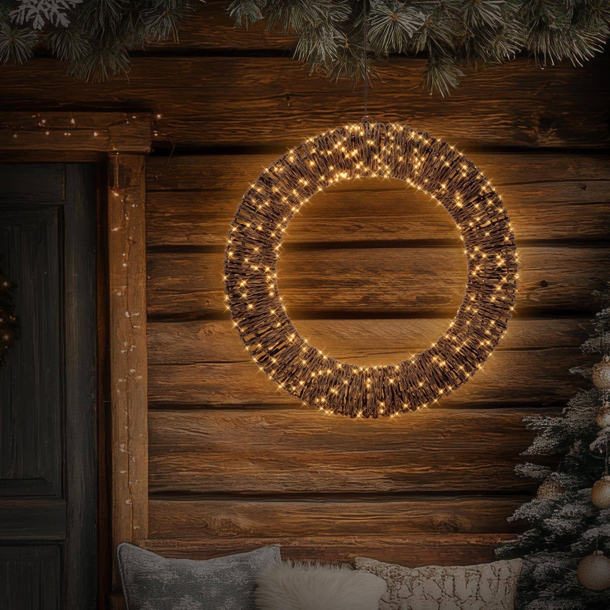 Ecd-Germany - Couronne lumineuse de Noël LED Ø 50 cm, 500 lumières blanc chaud, effet scintillant, en corde et métal, minuterie intégrée, intérieur / extérieur