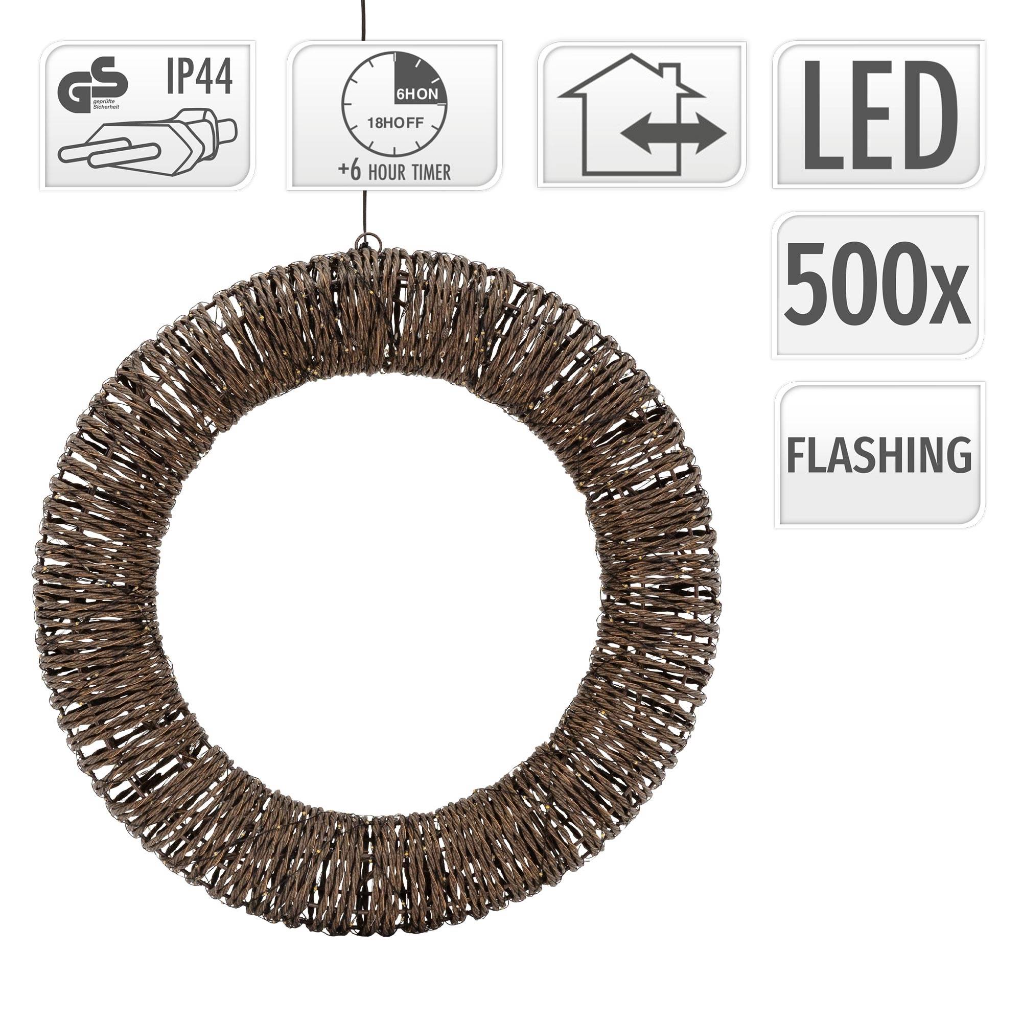 Ecd-Germany - Couronne lumineuse de Noël LED Ø 50 cm, 500 lumières blanc chaud, effet scintillant, en corde et métal, minuterie intégrée, intérieur / extérieur - Image 4
