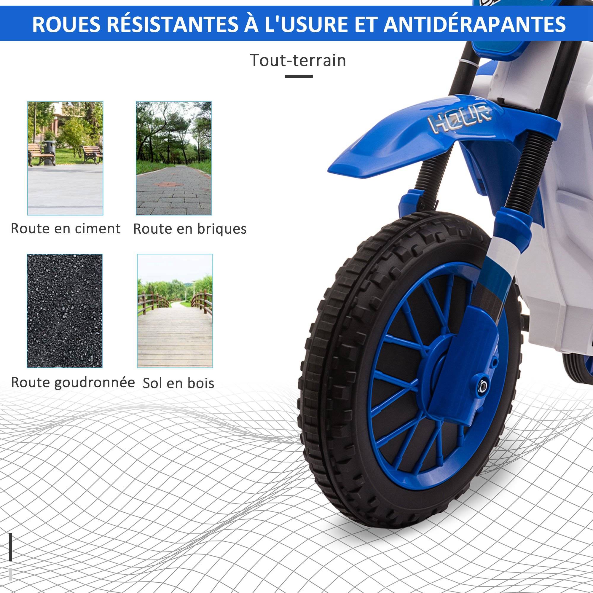 Moto Cross électrique Enfant 3 à 5 Ans 12 V 3-8 Km/h avec roulettes latérales Amovibles dim. 106,5L x 51,5l x 68H cm Bleu - Image 7
