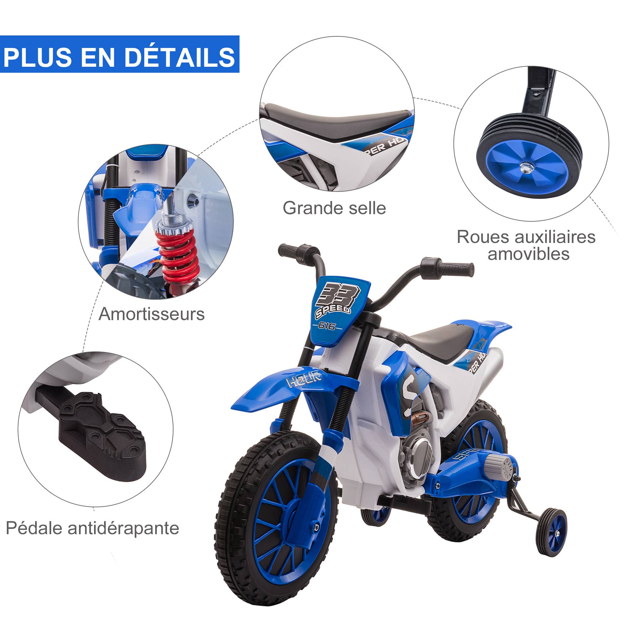 Moto Cross électrique Enfant 3 à 5 Ans 12 V 3-8 Km/h avec roulettes latérales Amovibles dim. 106,5L x 51,5l x 68H cm Bleu - Image 9