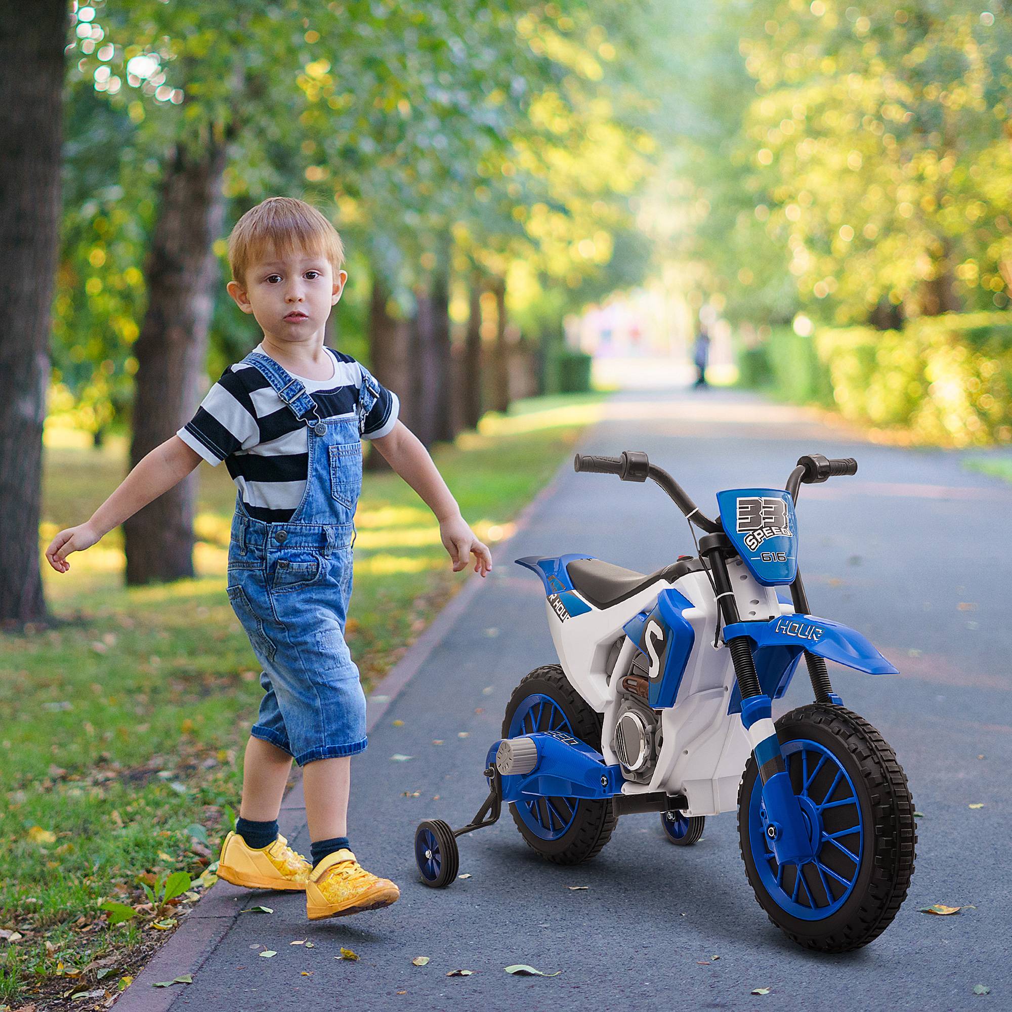 Moto Cross électrique Enfant 3 à 5 Ans 12 V 3-8 Km/h avec roulettes latérales Amovibles dim. 106,5L x 51,5l x 68H cm Bleu - Image 3