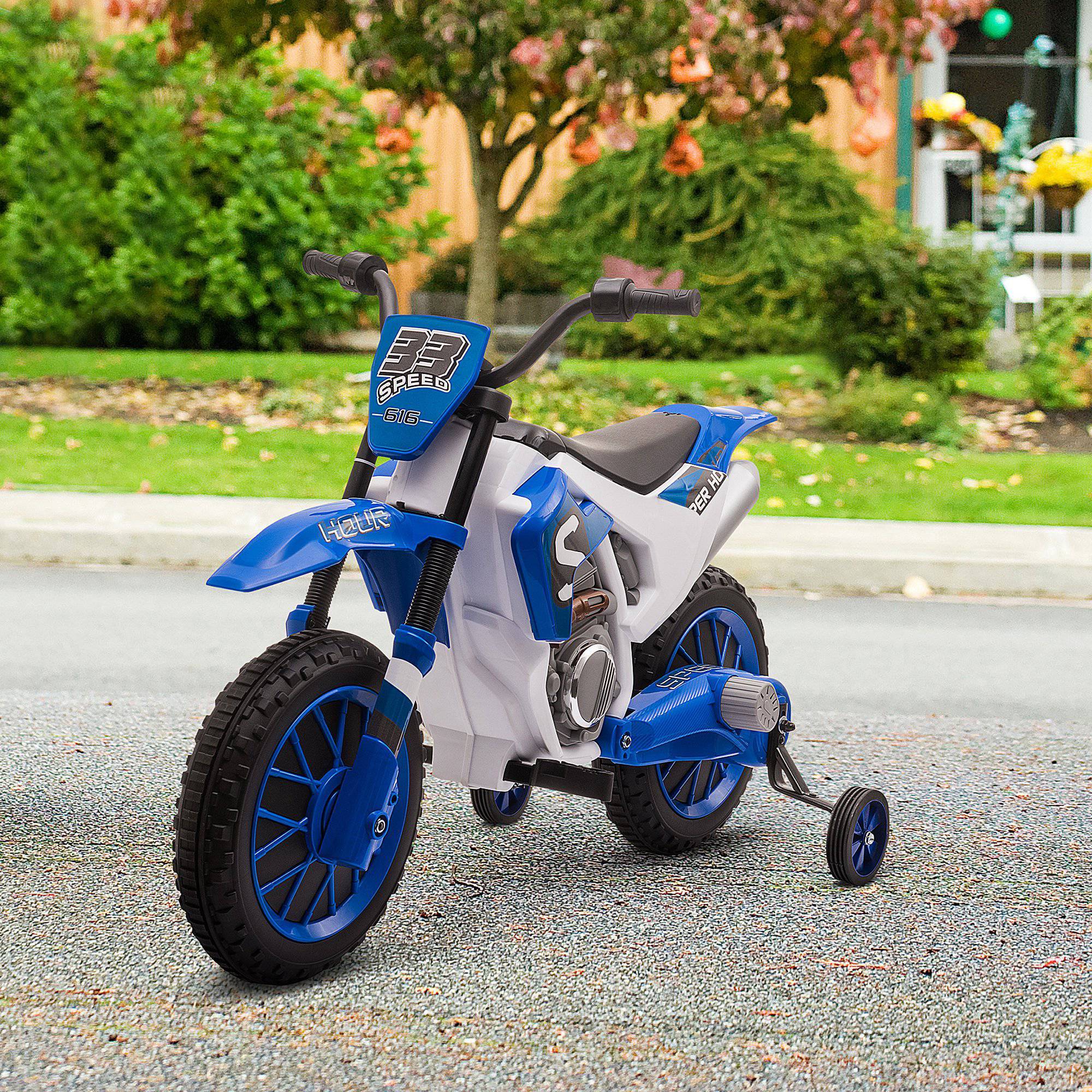 Moto Cross électrique Enfant 3 à 5 Ans 12 V 3-8 Km/h avec roulettes latérales Amovibles dim. 106,5L x 51,5l x 68H cm Bleu - Image 4