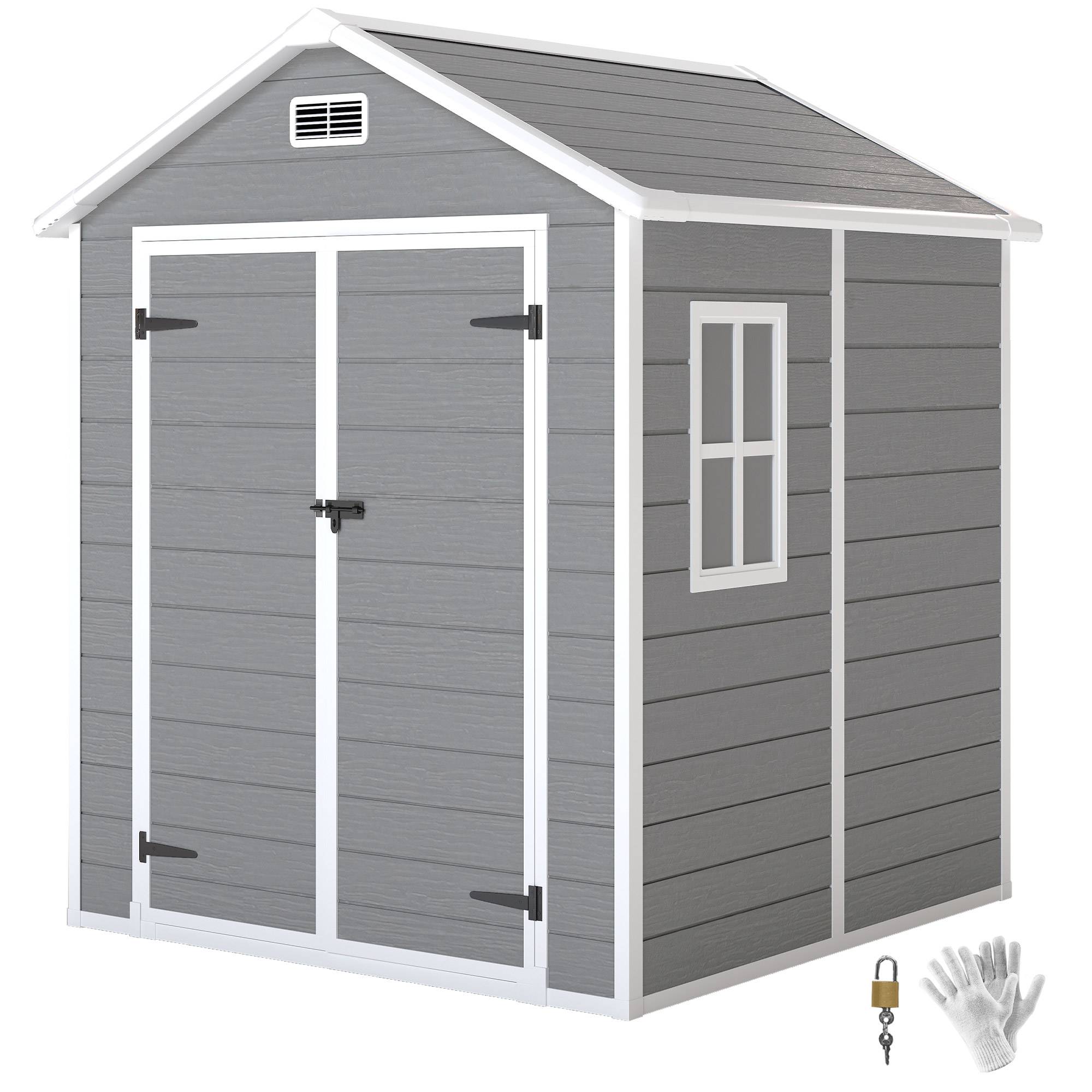 Outsunny - Abri de jardin résine - avec plancher structure en aluminium - portes à loquet 3 fenêtre - gris - Outsunny