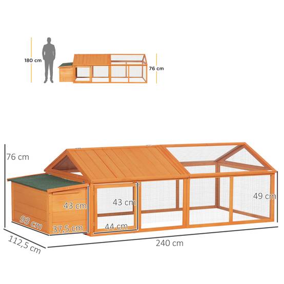 Poulailler pour poules cage à poule avec nichoir porte et toit ouvrable pour 4 et 8 poules 240 x 112,5 x 76 cm orange - Image 5