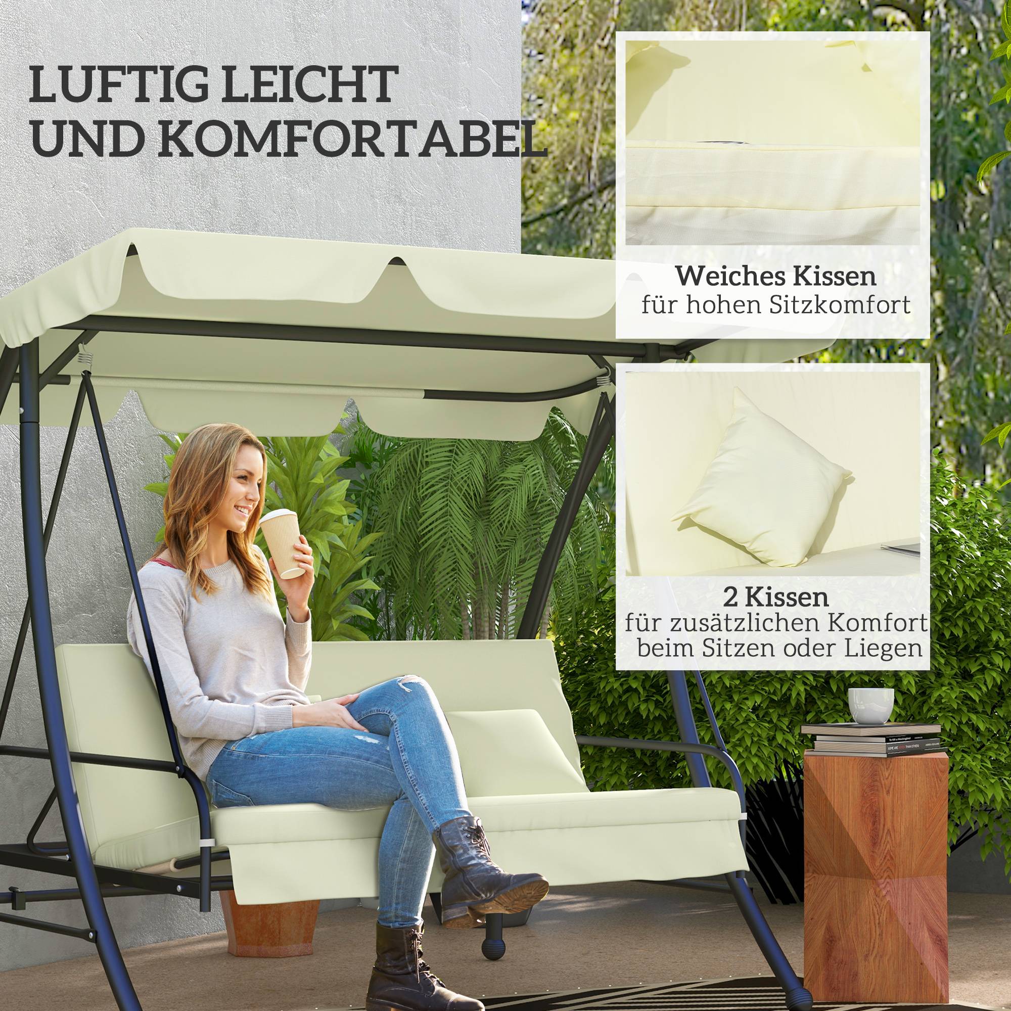 Balancelle convertible lit 3 places métal toit inclinable 200x125x170cm blanc crème - ComfortXL Outdoor Living - Image 9