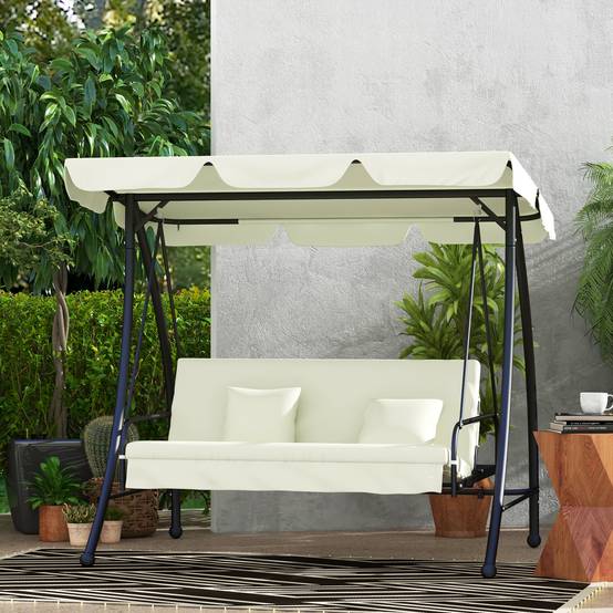 Balancelle convertible lit 3 places métal toit inclinable 200x125x170cm blanc crème - ComfortXL Outdoor Living - Image 3