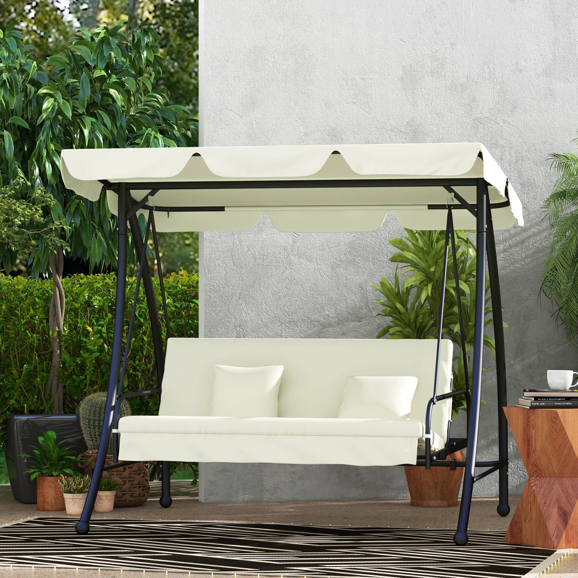 Balancelle convertible lit 3 places métal toit inclinable 200x125x170cm blanc crème - ComfortXL Outdoor Living - Image 3