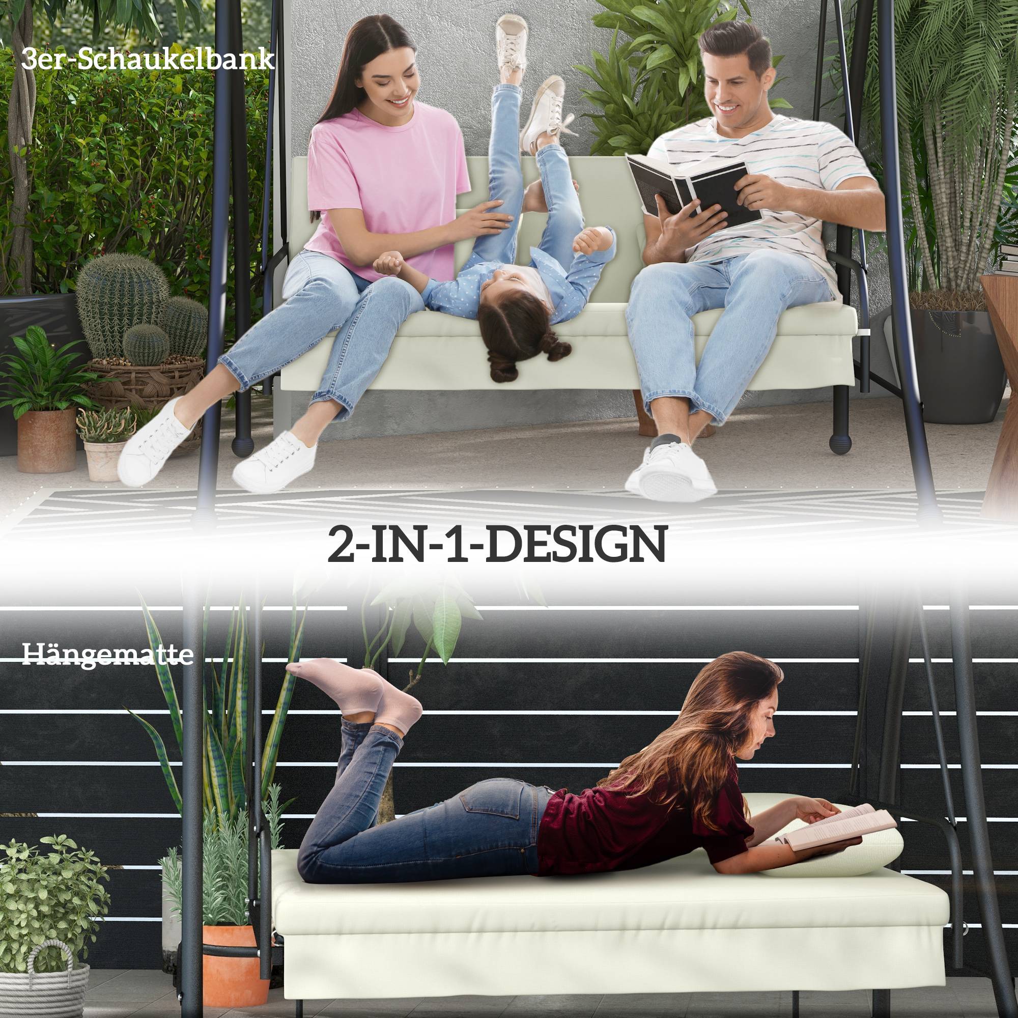 Balancelle convertible lit 3 places métal toit inclinable 200x125x170cm blanc crème - ComfortXL Outdoor Living - Image 6