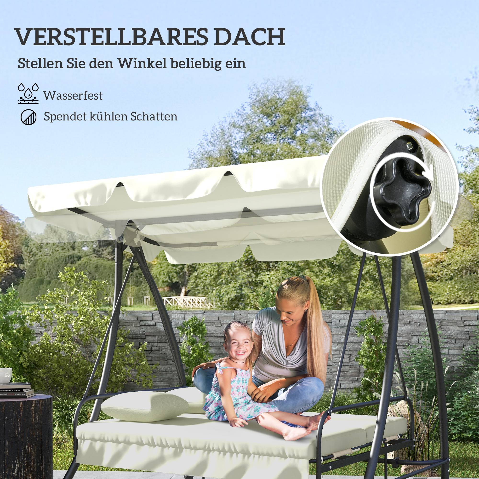 Balancelle convertible lit 3 places métal toit inclinable 200x125x170cm blanc crème - ComfortXL Outdoor Living - Image 7