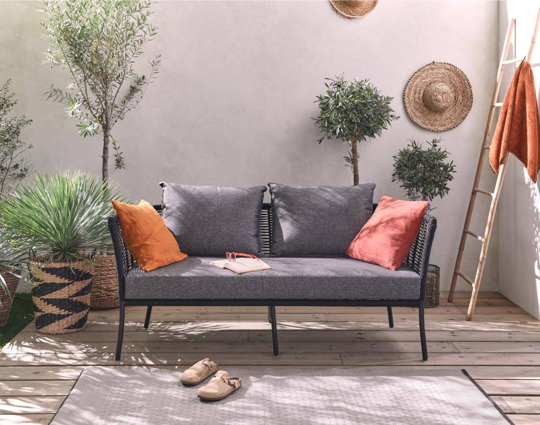 Best Mobilier - MOANA - salon bas de jardin 4 pl + table - corde, métal et bois - noir coussins gris - housse de protection - Best Mobilier - Imagen 6