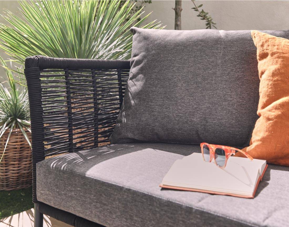 Best Mobilier - MOANA - salon bas de jardin 4 pl + table - corde, métal et bois - noir coussins gris - housse de protection - Best Mobilier - Imagen 4