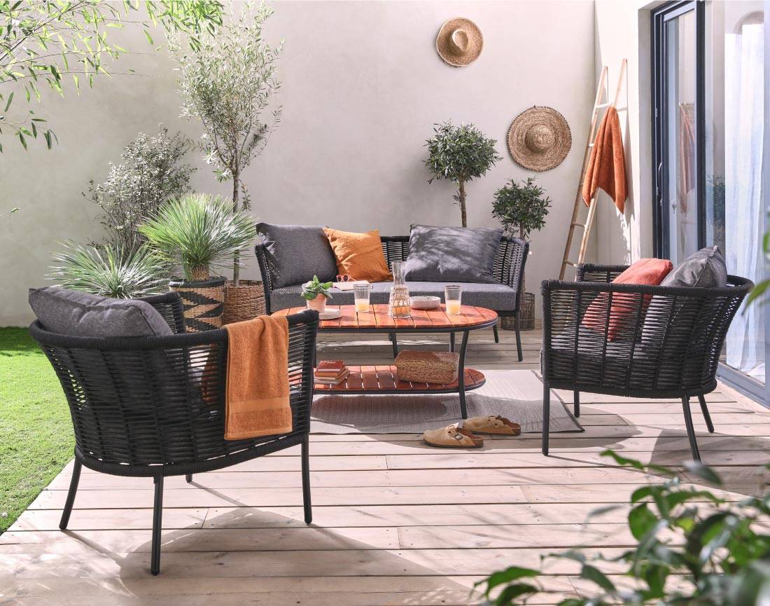 Best Mobilier - MOANA - salon bas de jardin 4 pl + table - corde, métal et bois - noir coussins gris - housse de protection - Best Mobilier - Imagen 2