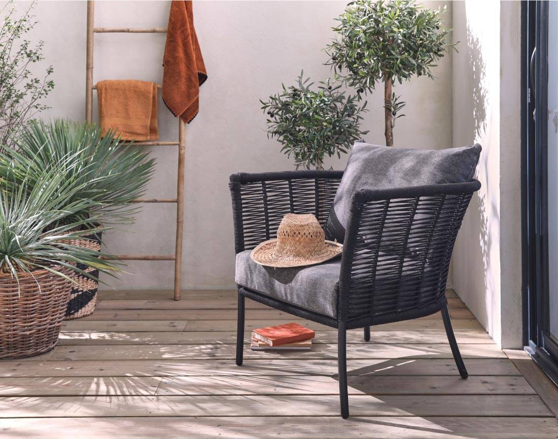 Best Mobilier - MOANA - salon bas de jardin 4 pl + table - corde, métal et bois - noir coussins gris - housse de protection - Best Mobilier - Imagen 5