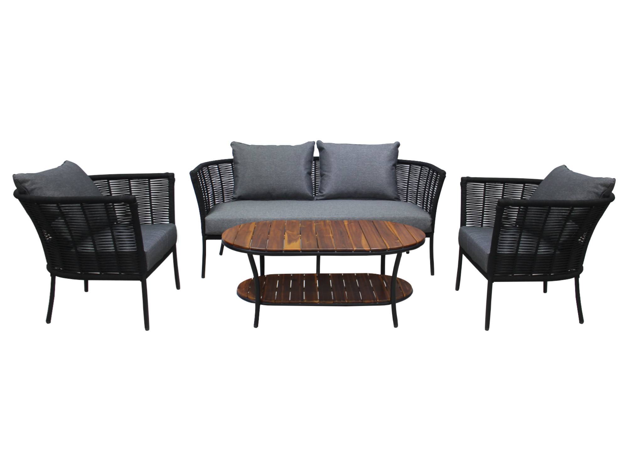 Best Mobilier - MOANA - salon bas de jardin 4 pl + table - corde, métal et bois - noir coussins gris - housse de protection - Best Mobilier - Imagen 1