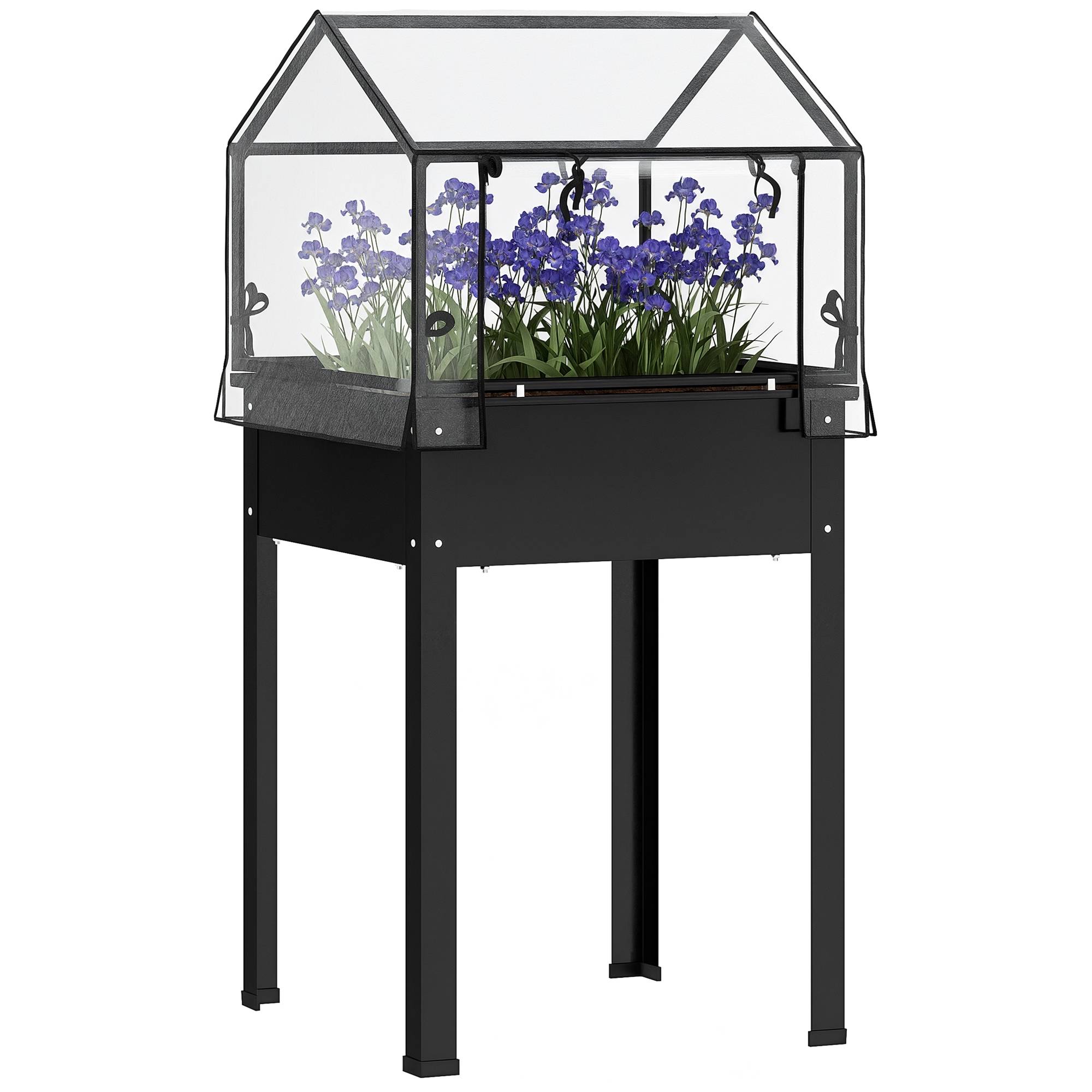 Jardinière surélevée avec toit serre, bacs de drainage, 60x60x120 cm, noir