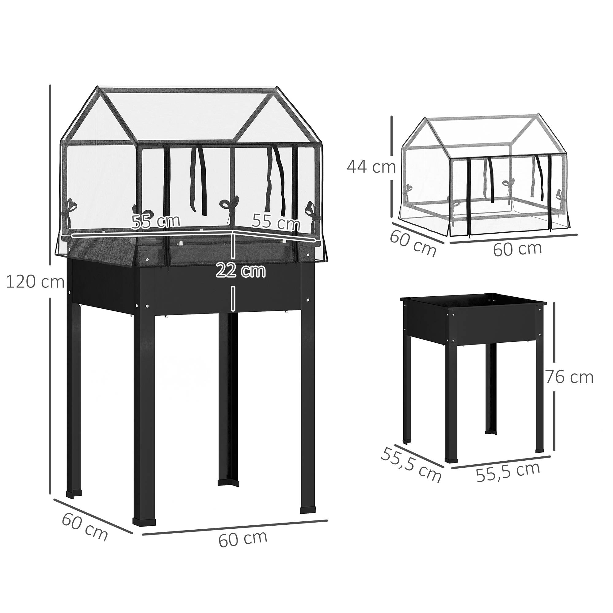 Jardinière surélevée avec toit serre, bacs de drainage, 60x60x120 cm, noir - Image 5