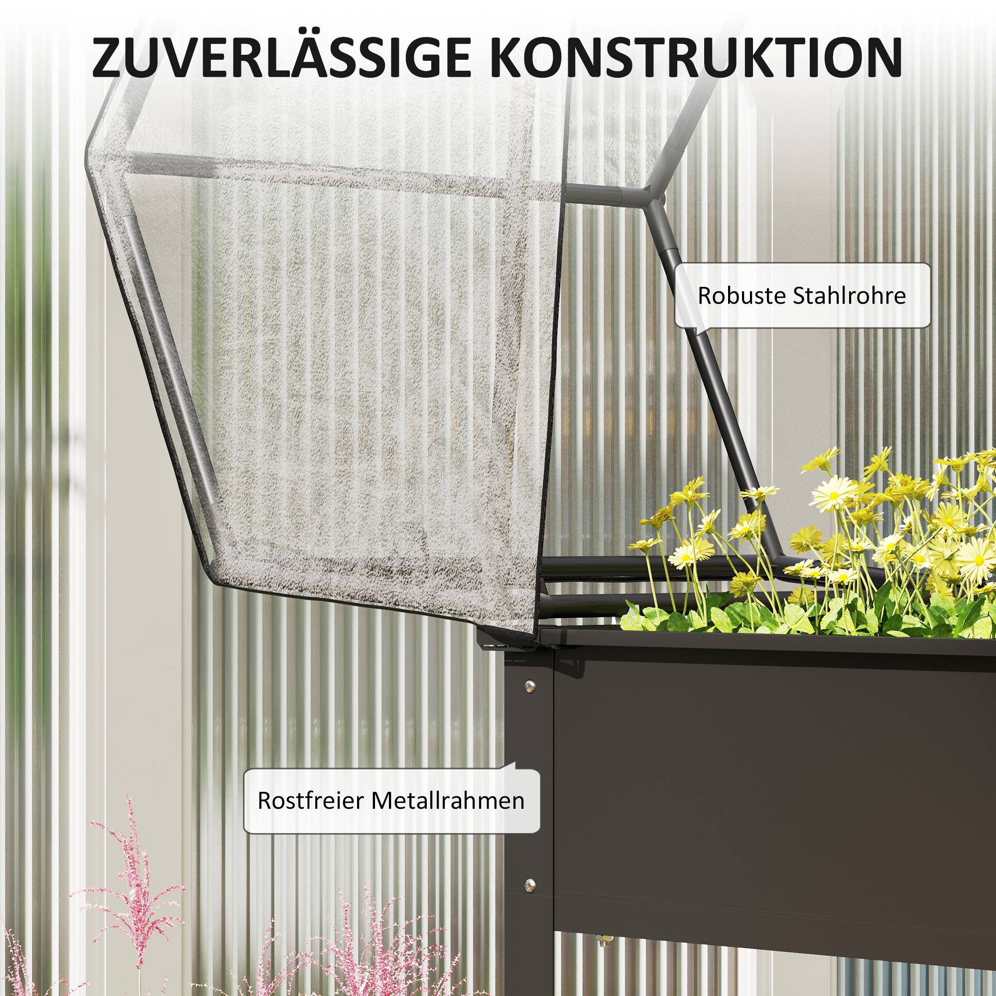 Jardinière surélevée avec toit serre, bacs de drainage, 60x60x120 cm, noir - Image 9