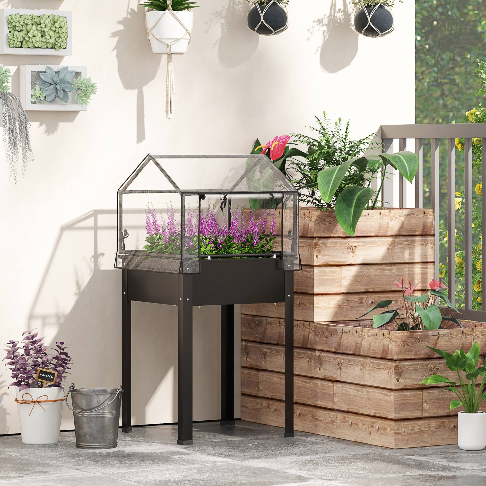 Jardinière surélevée avec toit serre, bacs de drainage, 60x60x120 cm, noir - Image 4