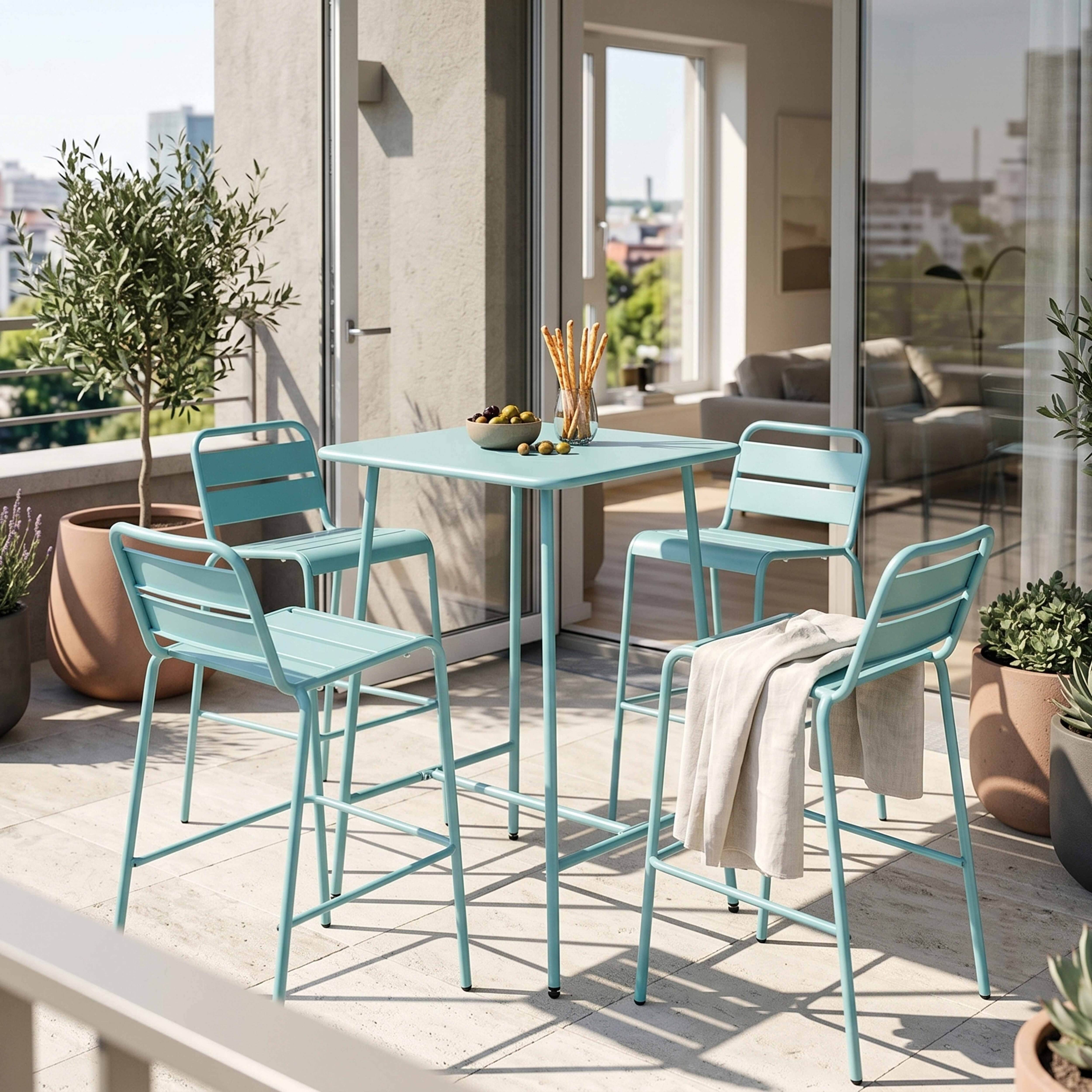 Oviala - Ensemble table de bar et 4 chaises hautes en métal turquoise Palavas - Oviala - Imagen 2