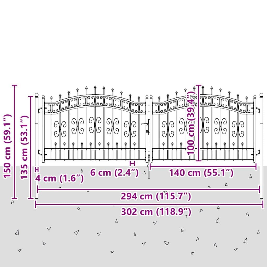 Portail Jardin Double Battant Acier Style Fer Forgé Pointe de Lance 305x151 cm Gris - ComfortXL Outdoor Living - Image 8