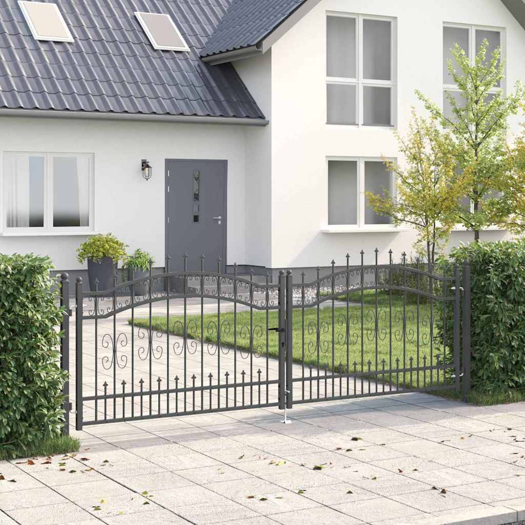 Portail Jardin Double Battant Acier Style Fer Forgé Pointe de Lance 305x151 cm Gris - ComfortXL Outdoor Living - Image 1