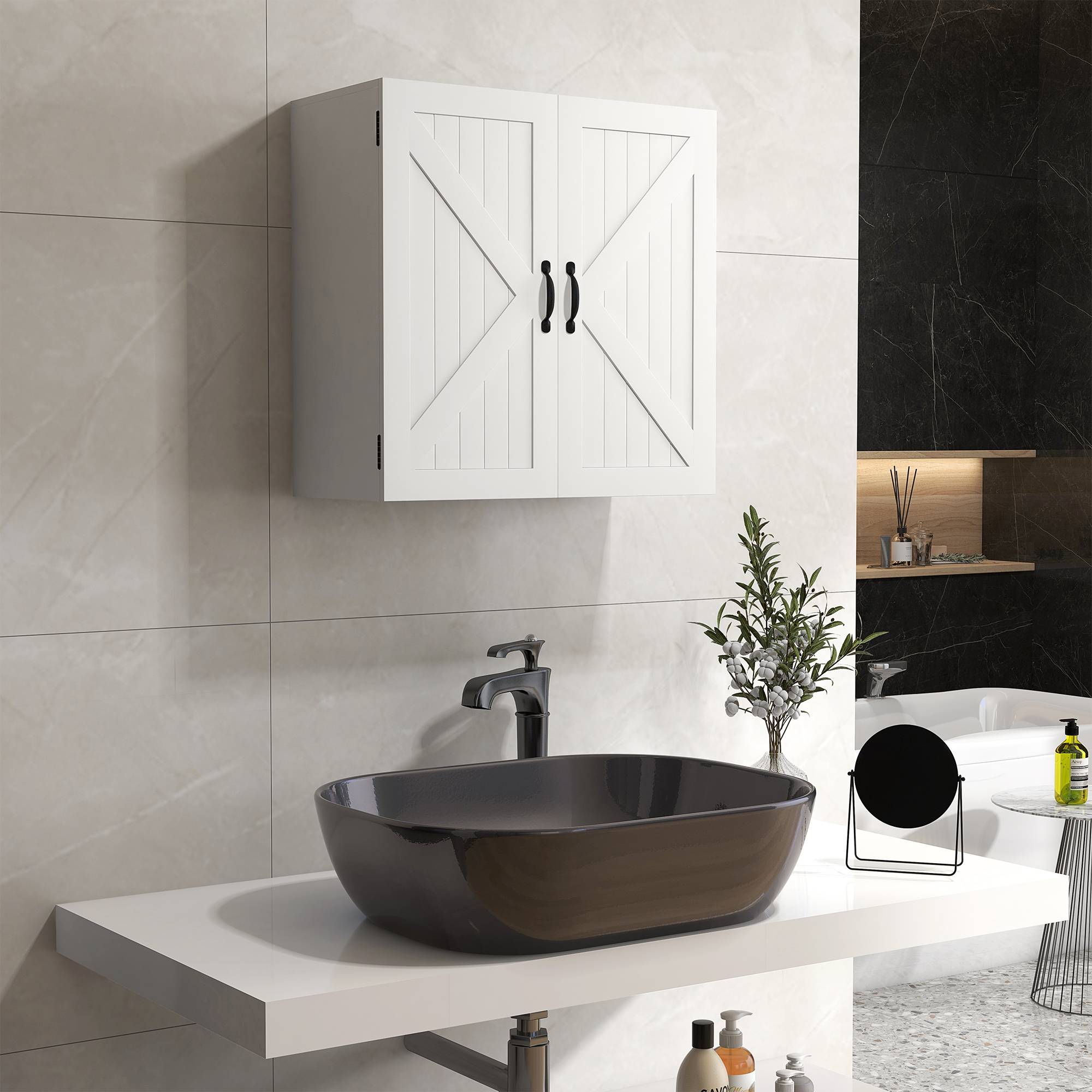 Sans Marque - Armoire murale salle bain bois style champêtre étagère réglable 60x30x60 cm blanche - Image 4