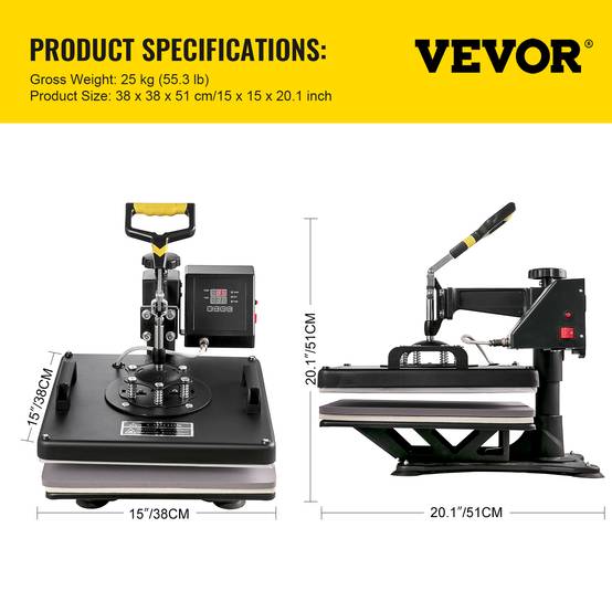 VEVOR Presse chaude 5 en 1, 38x38 cm, 1000W, minuterie, contrôle température auto. Bricolage. - Image 7