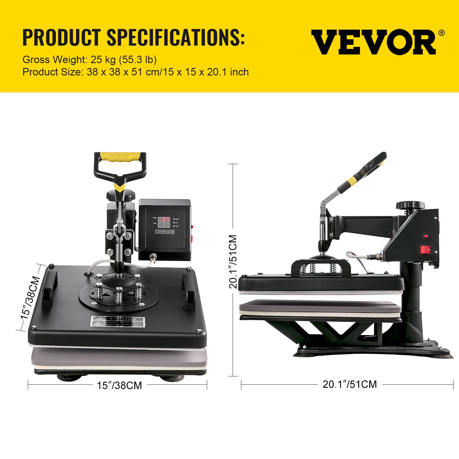 VEVOR Presse chaude 5 en 1, 38x38 cm, 1000W, minuterie, contrôle température auto. Bricolage. - Image 7
