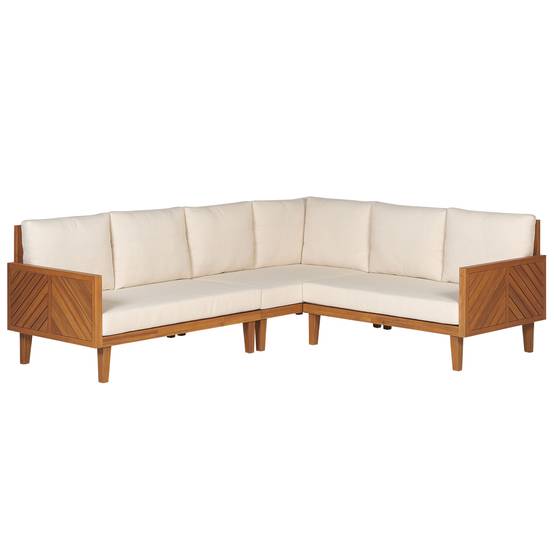 Salon de Jardin Beige Clair en Bois d'Acacia 4 Places 1 Canapé 2 Places 2 Fauteuils 1 Ottoman 1 Table Basse avec Coussins Moderne - Image 4