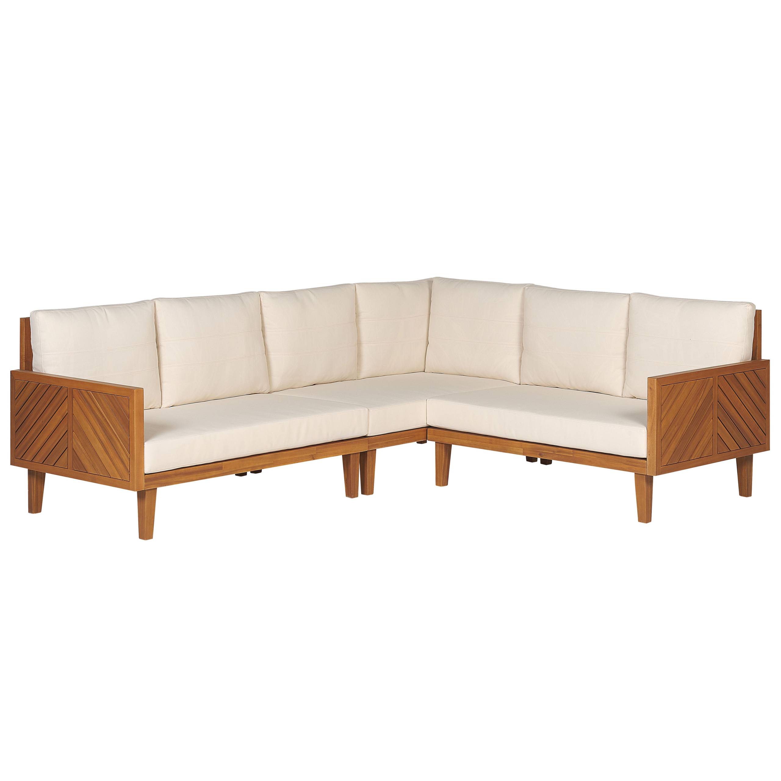 Salon de Jardin Beige Clair en Bois d'Acacia 4 Places 1 Canapé 2 Places 2 Fauteuils 1 Ottoman 1 Table Basse avec Coussins Moderne - Image 4