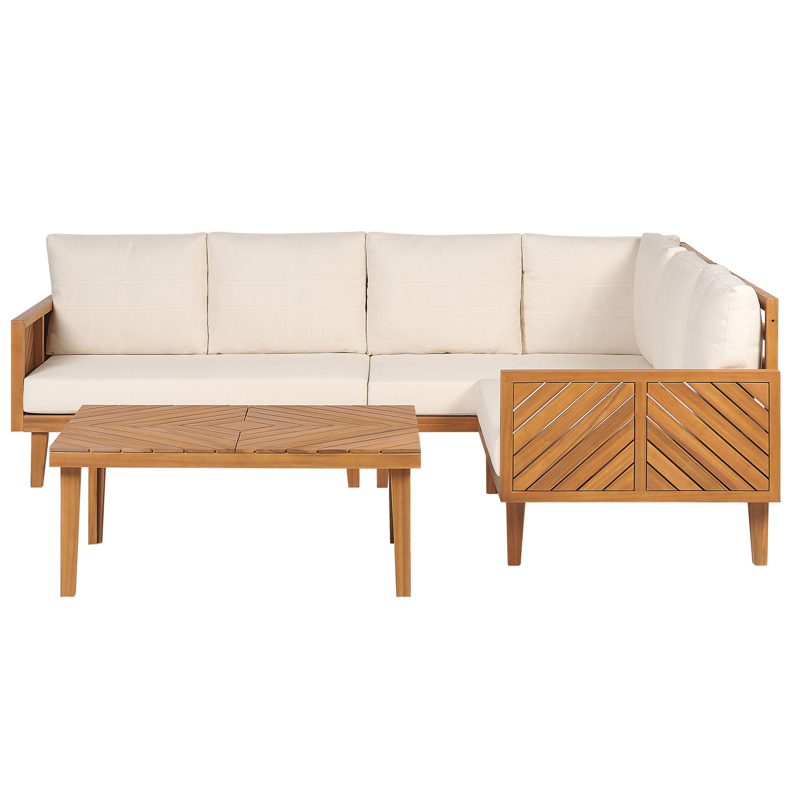 Salon de Jardin Beige Clair en Bois d'Acacia 4 Places 1 Canapé 2 Places 2 Fauteuils 1 Ottoman 1 Table Basse avec Coussins Moderne