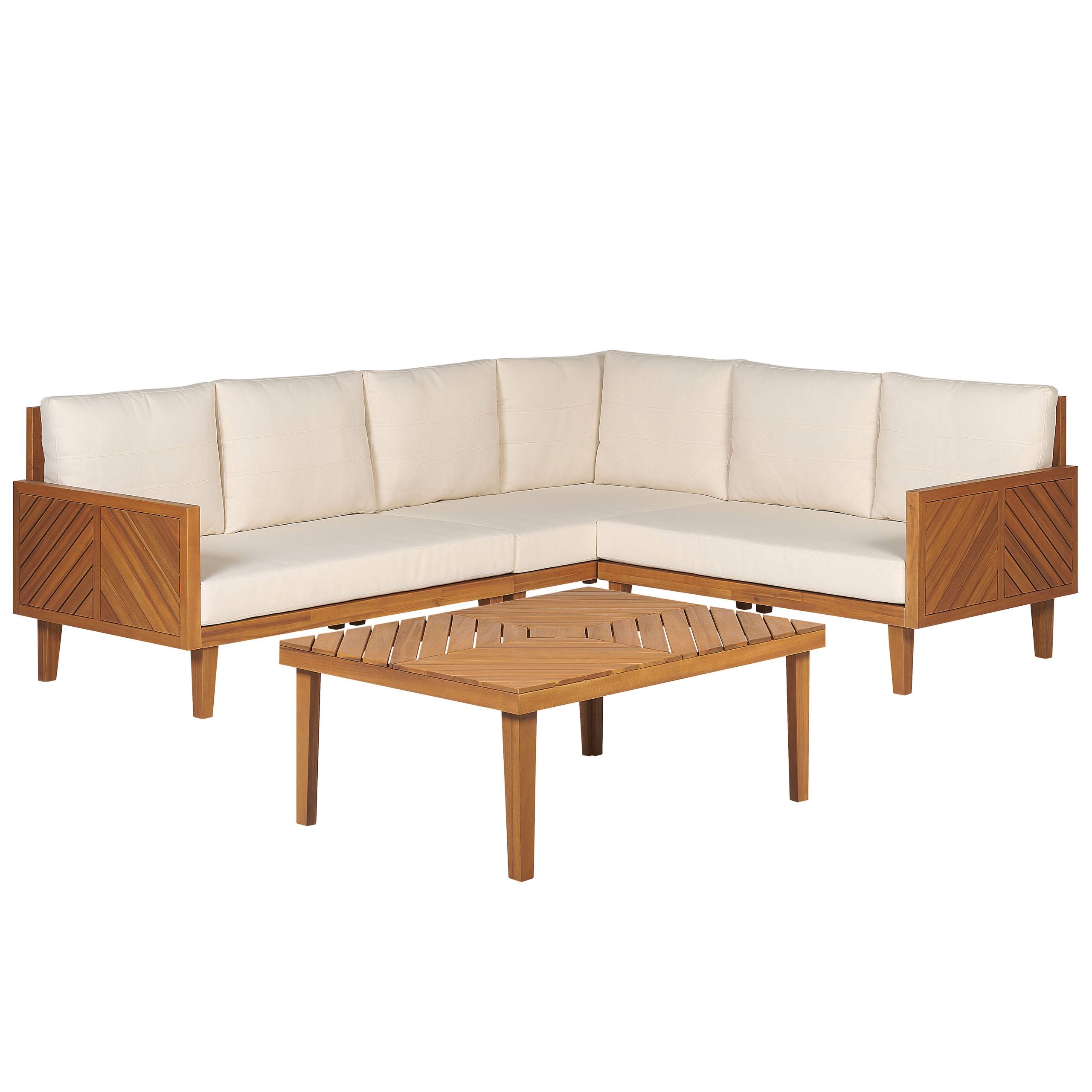 Salon de Jardin Beige Clair en Bois d'Acacia 4 Places 1 Canapé 2 Places 2 Fauteuils 1 Ottoman 1 Table Basse avec Coussins Moderne - Image 3