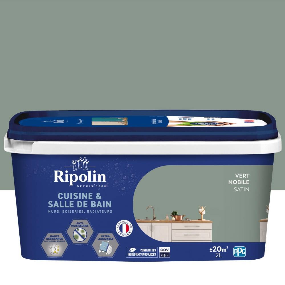 Ripolin - Peinture mur, RIPOLIN cuisine et bain, 2 litres, vert nobile satin